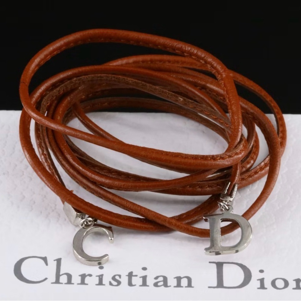 Dior Brown Leather Wrap necklace Silver Charms with box and tag